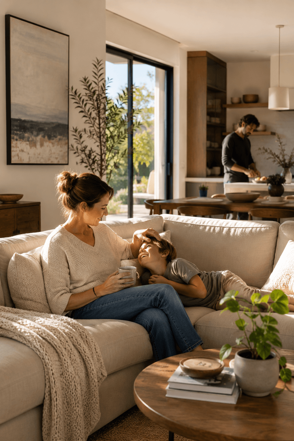A family relaxing together in a bright, well-built home